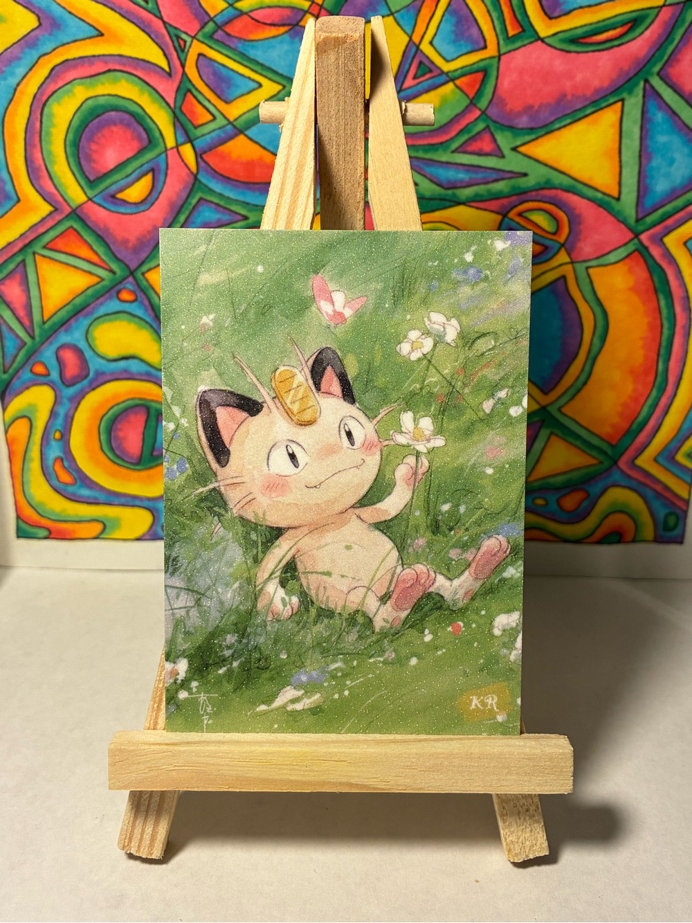 Meowth Pokemon Glitter Holo Polaroid Fan Art Card Rare Collectible Flowers